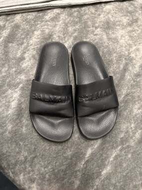 Balmain Calypso Black Debossed Logo Leather Slides